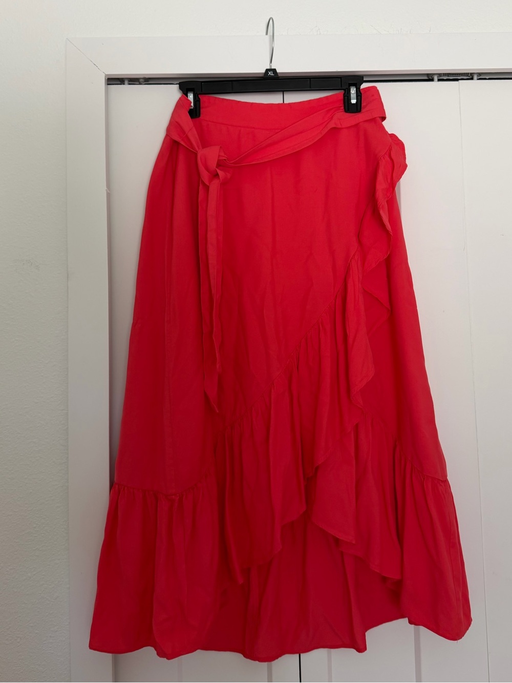 Ann Taylor Bright Pink Ruffled Midi Skirt with Tie Waist